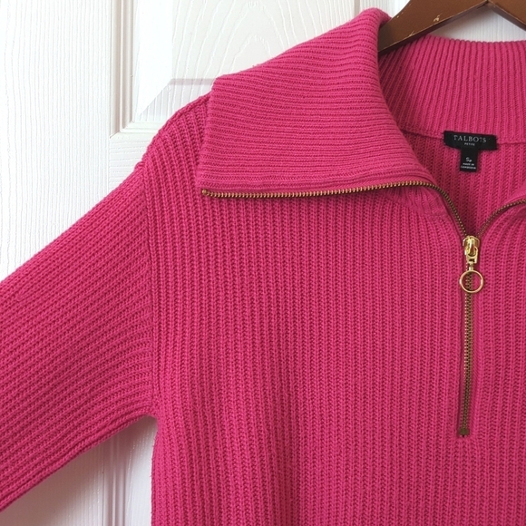 Talbots Merino Wool Blend Ribbed Knit Spread Zipped Collar Sweater Hot Pink SP - Picture 3 of 11